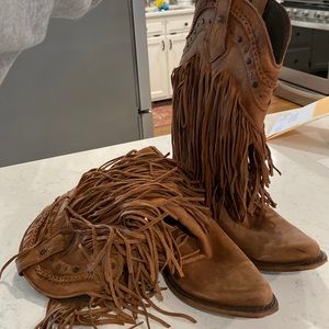 Cute fringe brown soft leather cowboy boots